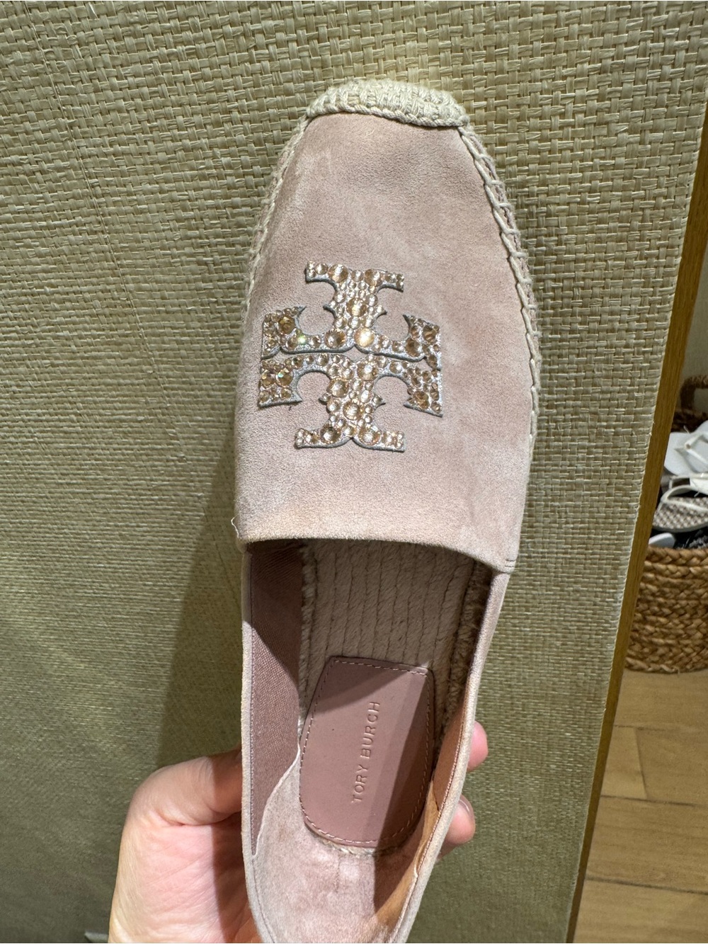 Tory Burch Everly Embellished Suede Leather Flat Crystal Espadrille Shoes - Picture 2 of 5